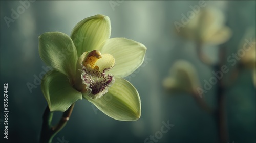 Emerald Orchid: A close-up view of an exquisite emerald orchid blossom, radiating a soft, gentle light amidst a dreamlike, softly blurred backdrop. The flower, with its delicate petals.