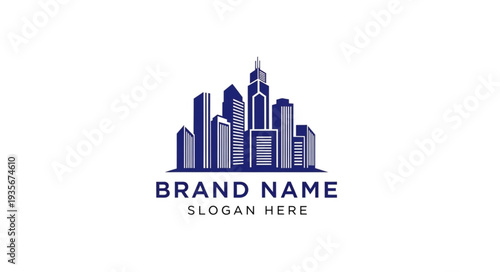 Modern City Skyline Logo Template with Brand Name and Slogan Placeholder.