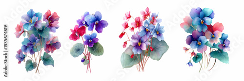 Watercolor violet and pansy bouquets with green leaves, depicting delicate floral arrangements for springtime decor, botanical illustrations, and nature inspired designs