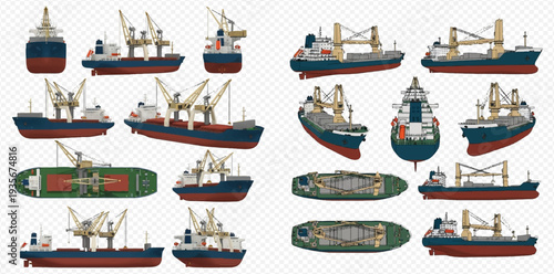 Set of cargo ships in various angles, including front, side, top, and perspective views, isolated on a transparent background.