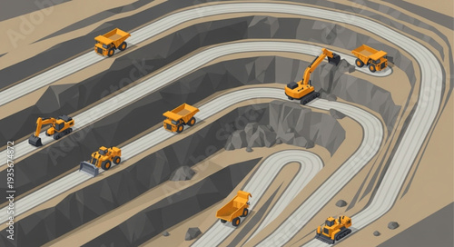 Heavy machinery operating in an open pit mine with multiple levels and ramps.