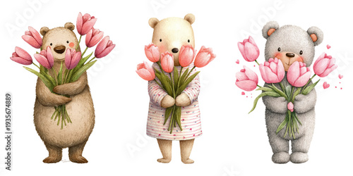 Row of three adorable watercolor teddy bears holding bouquets of pink tulips, illustrating themes of innocence, friendship, spring holidays, and heartwarming gift giving