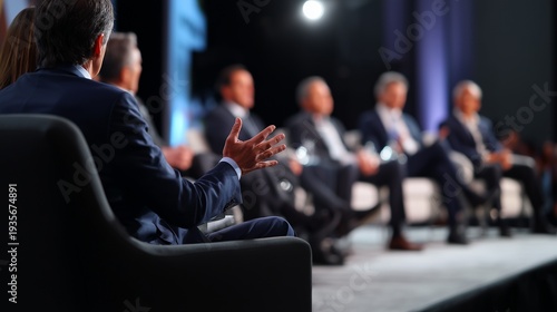Business leaders discuss financial strategies at a conference in a large hall in the evening with audience participation