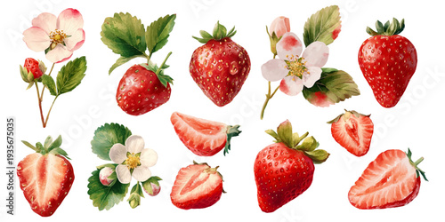 Watercolor botanical illustration of fresh strawberries, whole and halved berries, a slice, green leaves and pink and white blossoms on a white background, isolated