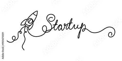 Continuous one line drawing of rocket launching from handwritten word startup representing business innovation, entrepreneurship and rapid company growth in elegant minimalist contour style. Vector