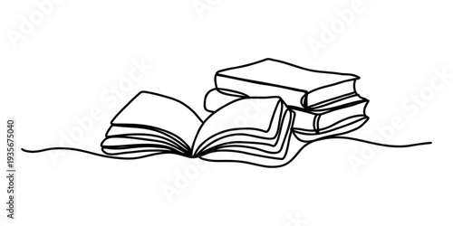 Continuous one line drawing of stacked books and open book symbolizing reading, knowledge and education, elegant minimalist contour illustration for learning and academic inspiration themes. Vector