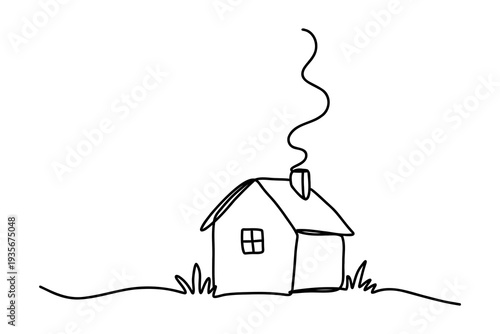 Continuous one line drawing of small house in simple landscape representing home ownership, comfort and peaceful rural lifestyle created with elegant minimalist contour stroke. Vector illustration.