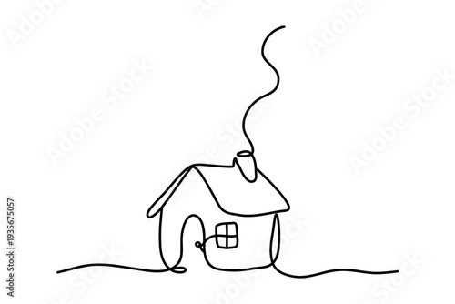 Continuous one line drawing of cozy small house with chimney smoke representing home comfort, family life and peaceful countryside living in elegant minimalist contour style. Vector illustration.