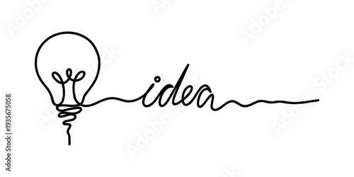 Continuous one line drawing of light bulb transforming into handwritten word idea symbolizing creativity, inspiration and innovative thinking in elegant minimalist contour style. Vector illustration.