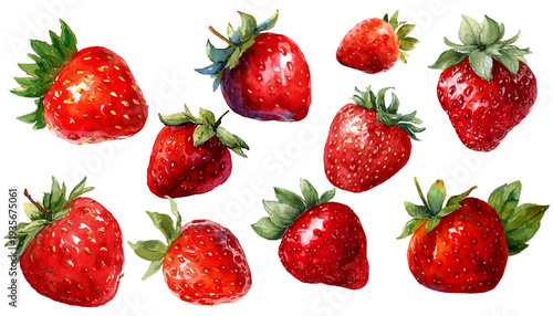 Ripe red strawberries illustration, watercolor painting of natural organic summer berries with fresh green leaves, healthy sweet fruit food isolated on white background