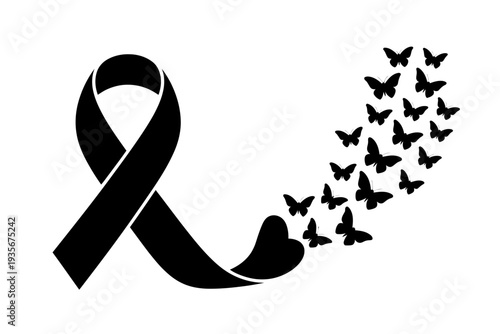 A black ribbon transforms into a flock of butterflies flying away.