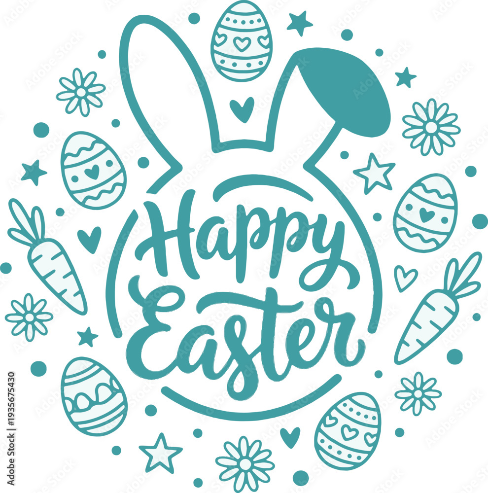 Fototapeta premium Happy Easter Lettering with Bunny Ears and Decorative Eggs