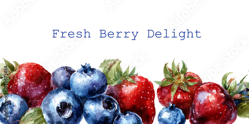 Watercolor collection of sweet strawberries and blueberries, creating a vibrant border design, representing fresh summer fruits and healthy eating concepts for various design projects