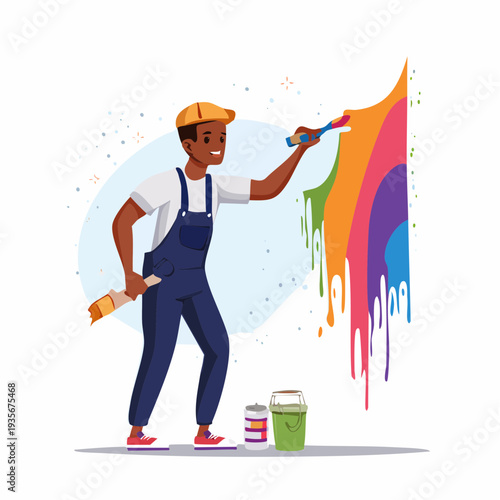 Artist painting a colorful abstract rainbow on a white wall with paint cans