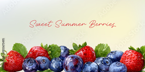 Sweet summer berries watercolor painting featuring fresh strawberries and blueberries with green leaves. Creating a vibrant. Natural border on a soft background