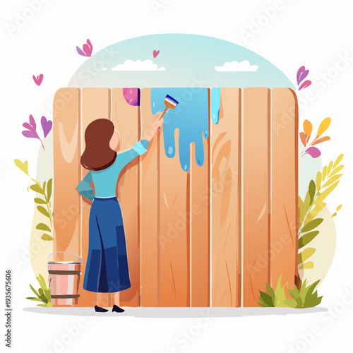 Woman painting a wooden fence blue on a bright, sunny day