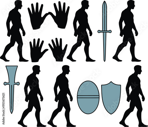 Human evolution silhouette illustration with ancient weapons and tools