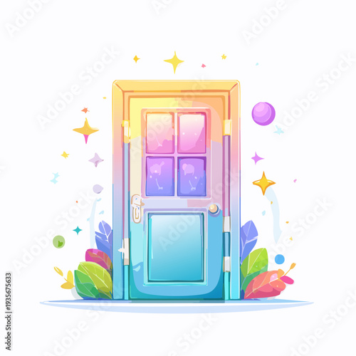 Magical glowing doorway to another dimension filled with plants and stars