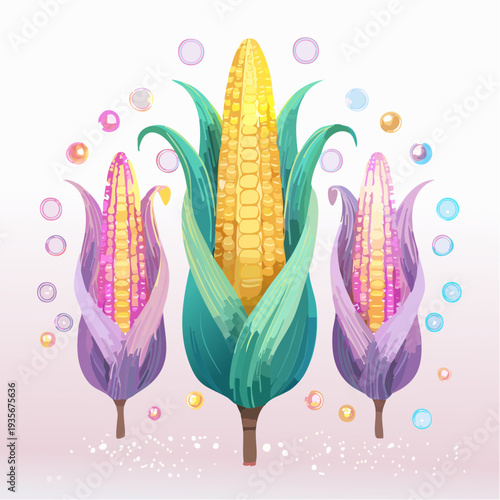 Vibrant Artistic Vision of Corn Cobs A Trio of Golden and Purple Maize Adorned with Luminous Abstract Spheres