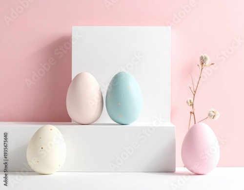 Soft Pastel Eggs on Minimalist Display with Floral Accent