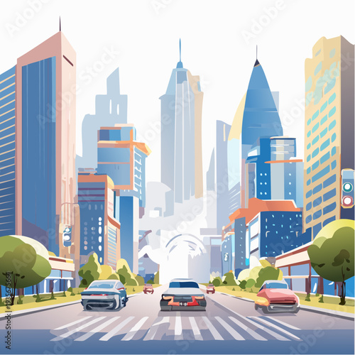 Vibrant Modern Cityscape with Bustling Traffic and Towering Skyscrapers Illustrating Urban Life