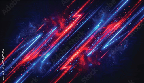 Abstract Futuristic Neon Red and Blue Speed Lines on Dark Space Background
