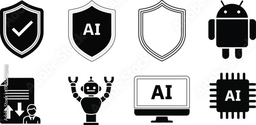 Ai and android security icons with robot and microchip