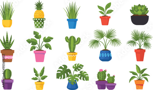 Colorful Indoor Potted Plant Collection with Cactus Monstera Palm Succulent and Decorative Houseplants in Modern Pots Flat Vector Botanical Illustration.
