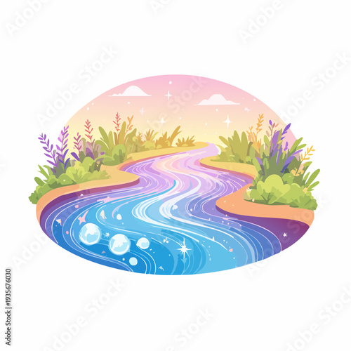 Enchanting river flowing through a vibrant landscape under a pastel sky