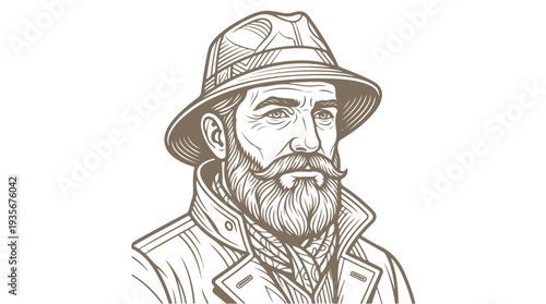 Vintage Gentleman with Beard and Hat Sketch.