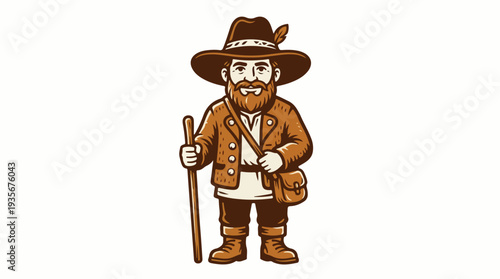 Illustration of a Bearded Man in a Cowboy Hat Holding a Walking Stick.