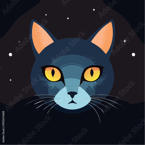 Portrait de chat stylisé sur fond étoilé nocturne