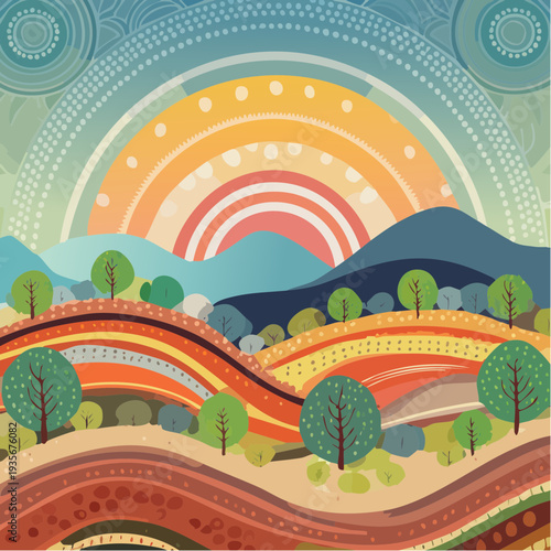 Paysage coloré abstrait au soleil levant