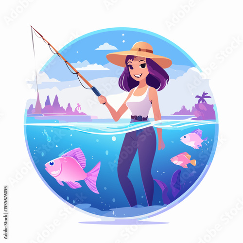 Young woman fishing in a tropical paradise with vibrant fish swimming around her