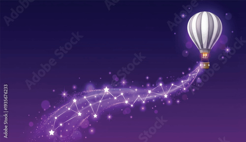 Hot Air Balloon Flying with Sparkling Magic Trail for Business Success Concept