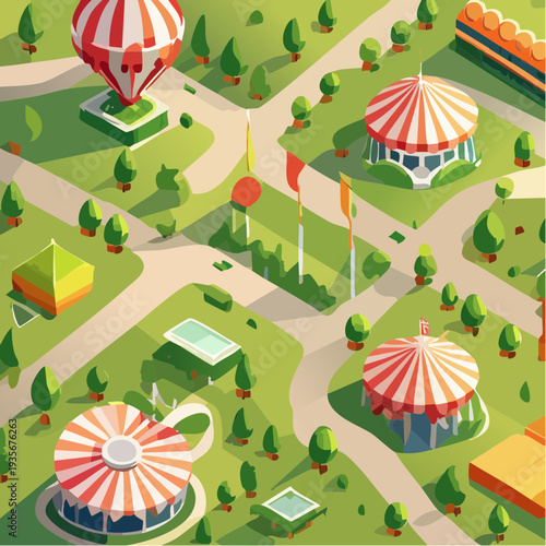Parc d’attractions low poly avec grande roue et chapiteaux