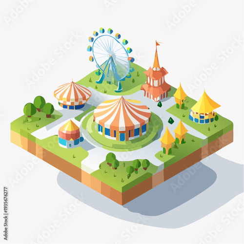 Parc d’attractions isométrique avec grande roue et chapiteaux