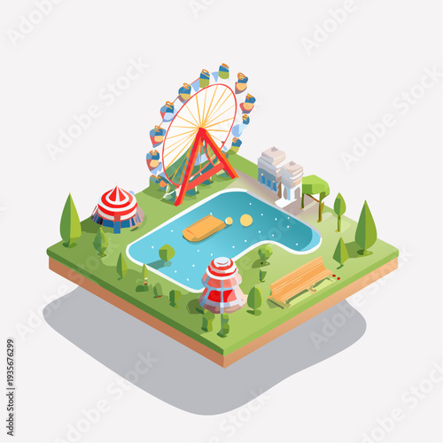 Parc d’attractions isométrique avec grande roue et chapiteaux