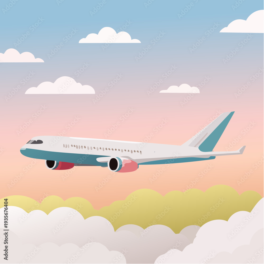 Fototapeta premium Pastel‑colored airplane flying above soft clouds