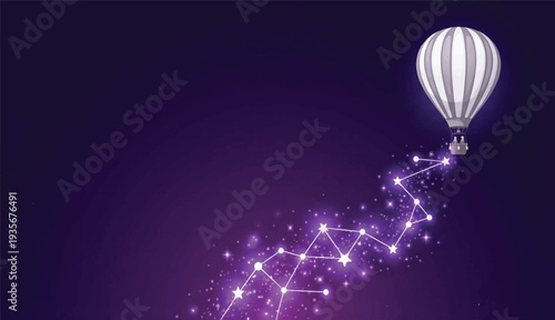 Hot Air Balloon Flying with Sparkling Magic Trail for Business Success Concept