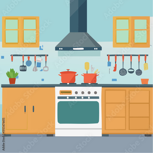 Modern kitchen interior with stove, cookware and utensils