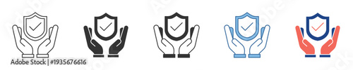 Flat design vector icon illustrating hands gently cradling a verified shield, symbolizing robust security, comprehensive protection, safety, assurance, and reliable insurance