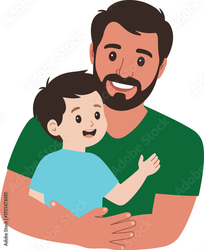 Smiling Father Embracing Little Boy on White Background