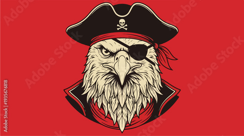 Eagle Pirate with Eye Patch and Bandana on Red Background.