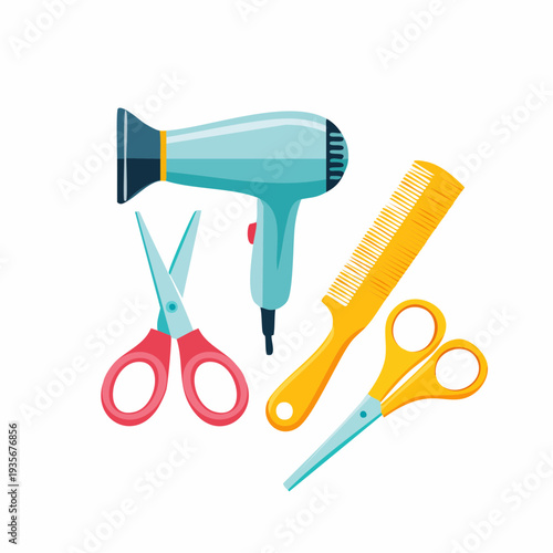 Hairdressing tools with scissors, comb and hairdryer on white background