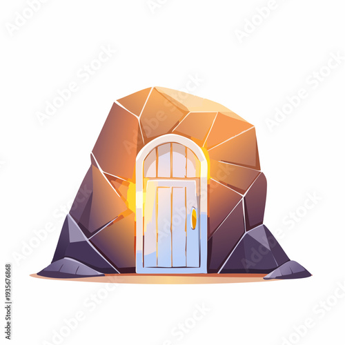 Mysterious glowing door in a faceted rock, a secret entrance to an ancient magical cave or hidden fantasy realm portal