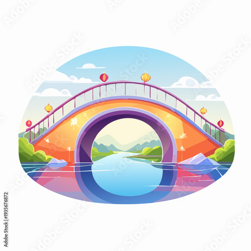 Vibrant arched bridge with illuminated lanterns peacefully spanning a serene river, surrounded by picturesque mountains and a blue sky