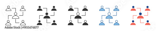 Visual representation of a social network, team hierarchy, or organizational structure icon set, illustrating connections and relationships among individuals in a professional or community context