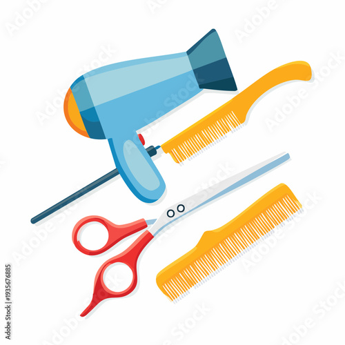 Hairdressing tools with scissors, comb and hairdryer on white background