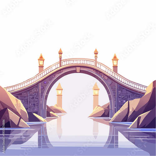 Elegant stone arch bridge with ornate lanterns reflected in tranquil waters, connecting mystical rocky shores